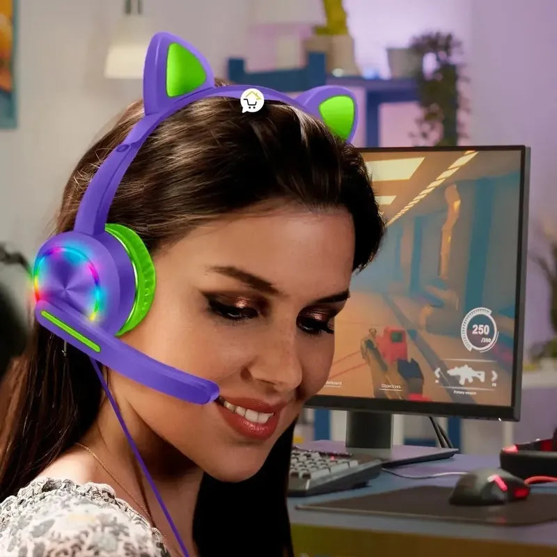 Audifonos Gato Para Niños En Diadema Y Con Microfono Color Violeta Luz Multicolor