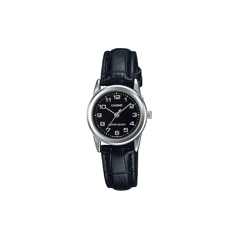 Reloj Casio Dama Ltp-v001l-1b, Caja De Acero,correa De Cuero Negro Plateado Negro Con Números