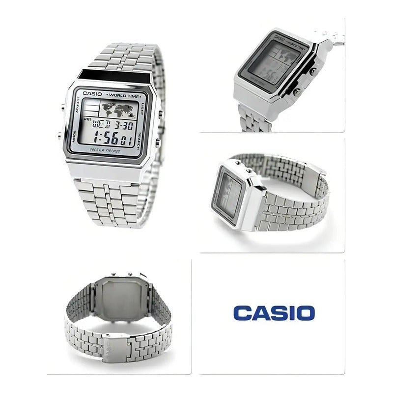 Reloj De Pulsera Digital Casio A-500wa-7d Con Correa De Acero Inoxidable De Color Plateado, Fondo Blanco/gris