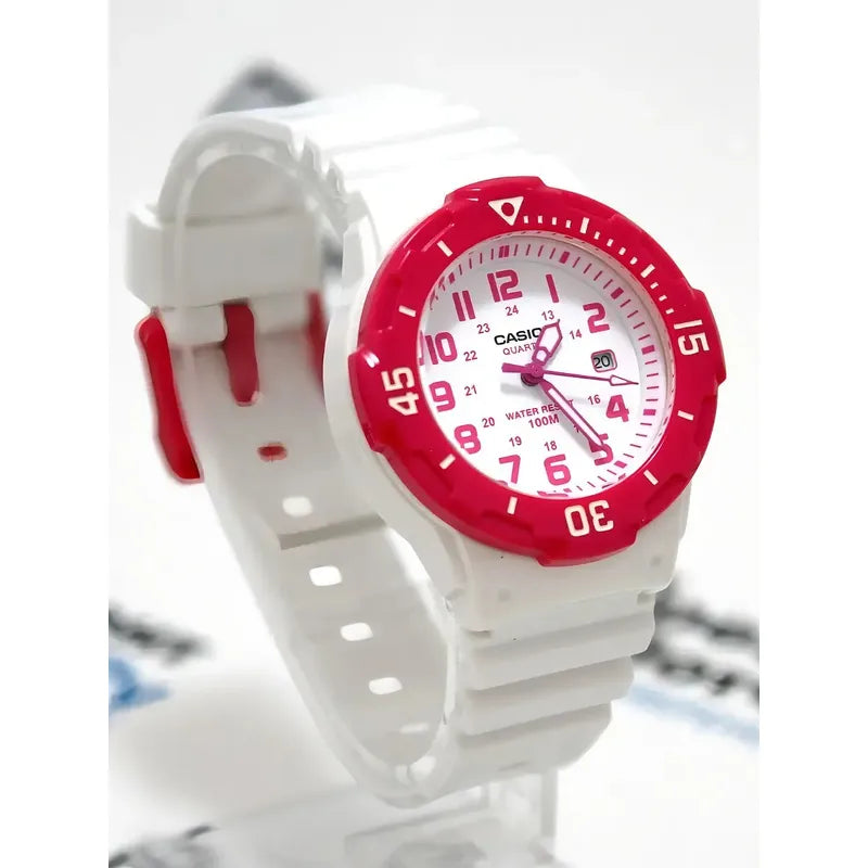 Reloj Casio Analógico Para Mujer Lrw-200h-4bv Blanco Con Detalles Fucsia