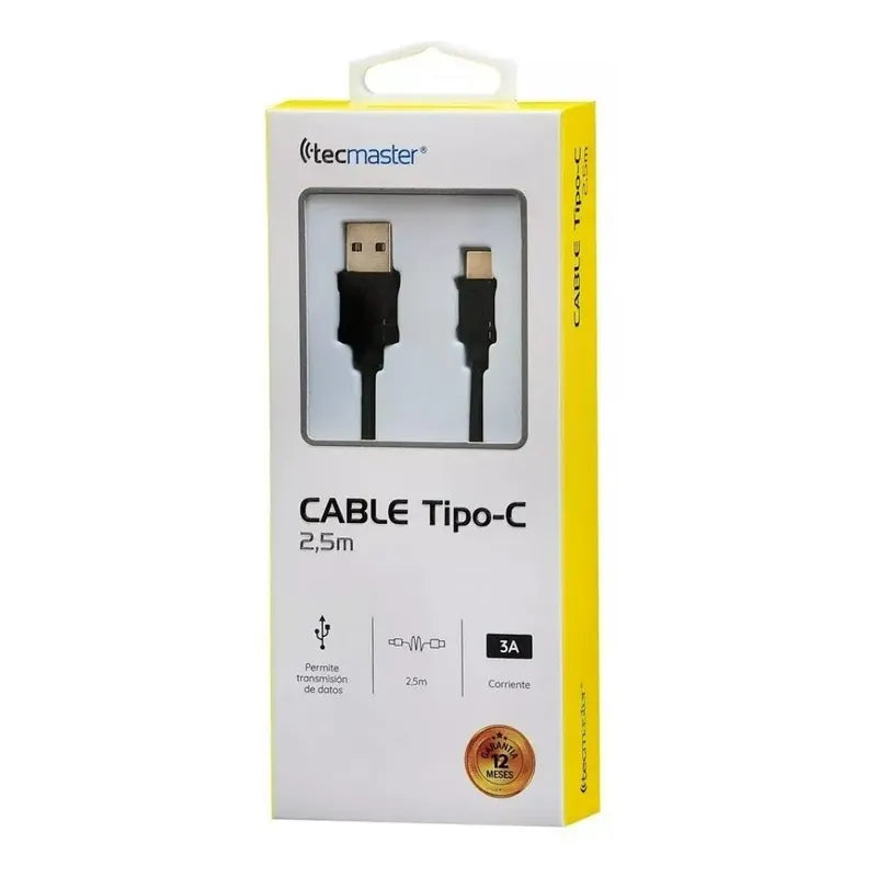 Cable Usb C Tecmaster 2.5mt Datos 480mbps Carga Rápida 5v 3a Color Negro