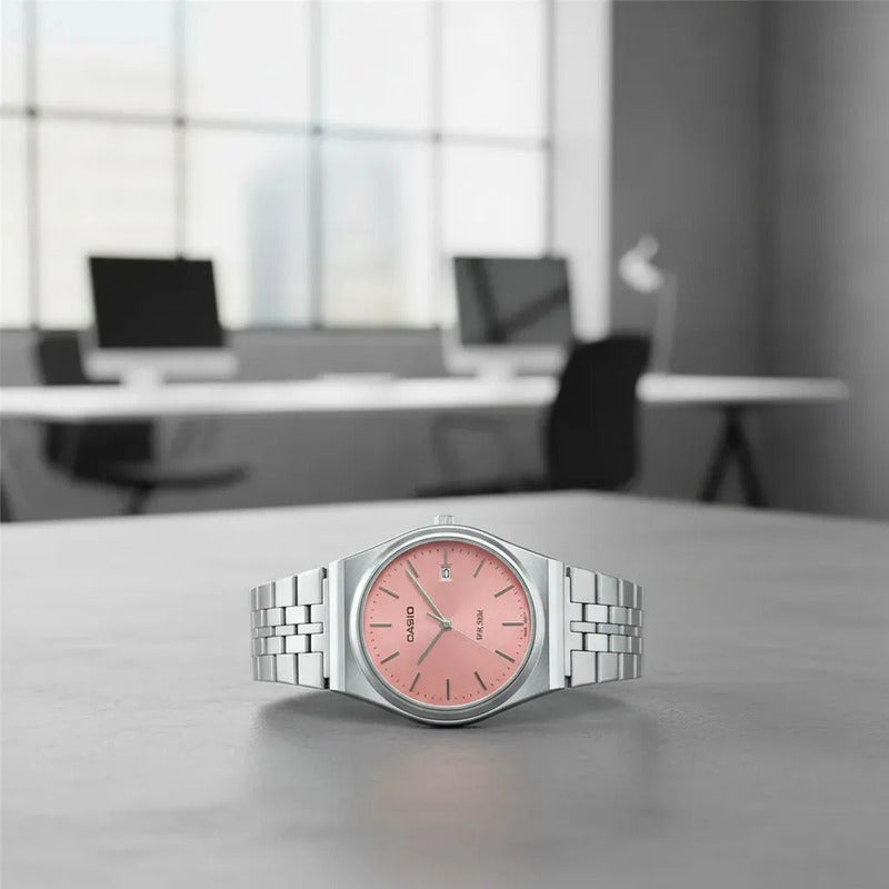 Reloj Casio Mtp-b145dc Acero Inoxidable Unisex. Correa Plateado Bisel Plateado Fondo Rosa