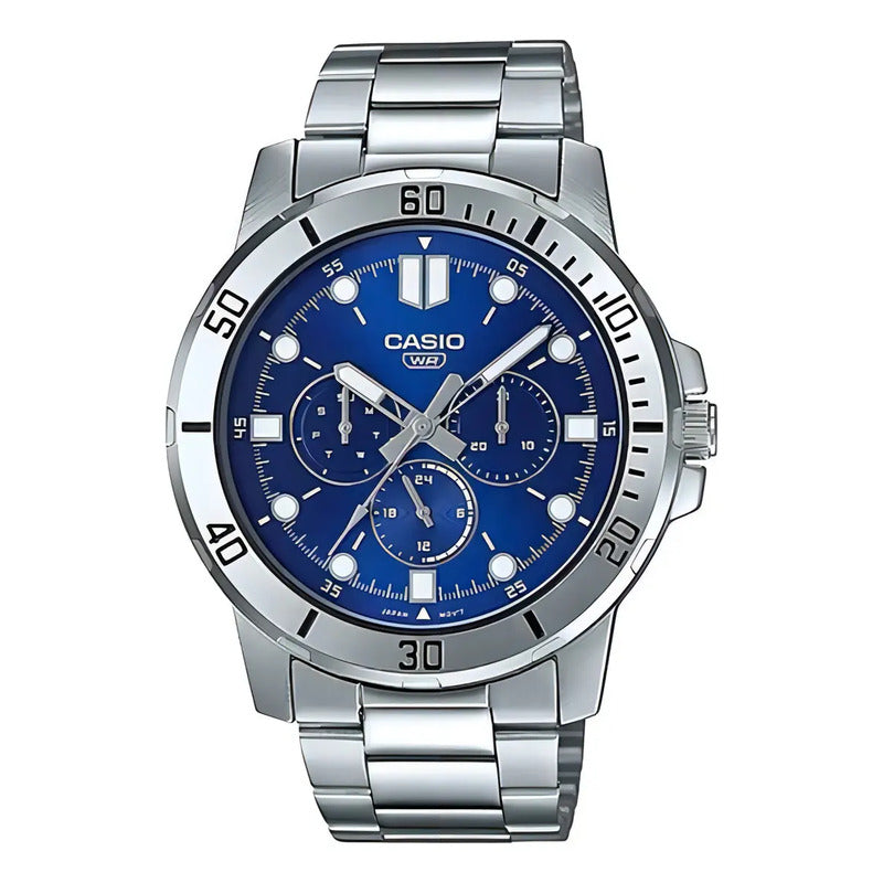 Reloj Casio Mtp-vd300d De Hombre, Con Cronógrafo Y Fondo Azul Plateado