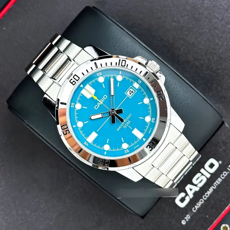 Reloj Casio Mtp-vd01d-3e2 Para Hombre, De Acero Inoxidable Y Bisel Azul Plateado