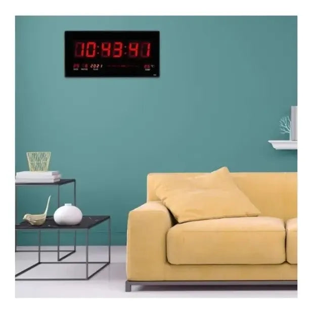 Reloj Digital Pared Luz Led Hora Fecha Temperatura 36x15cm Color De La Estructura Negro Color Del Fondo Negro