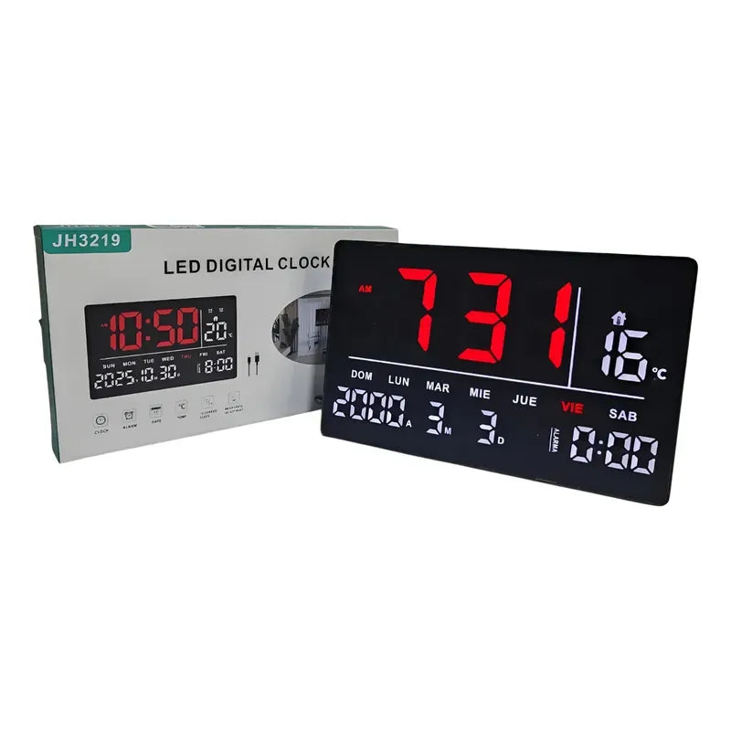 Reloj Digital De Pared Alarma Calendario Y Temperatura 32x20 Negro
