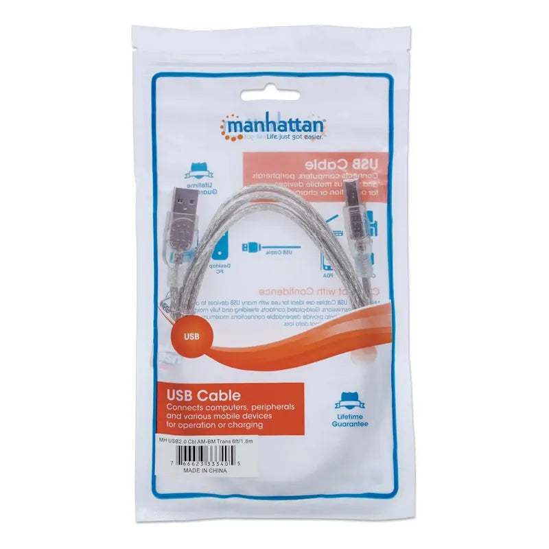 Cable Usb A-b 1.8m Manhattan 333405 Impresora Plateado