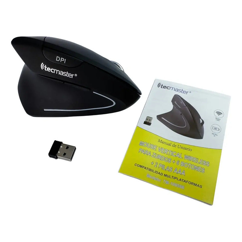 Mouse Vertical Ergonómico Inalámbrico Zurdo Tecmaster 1600 Dpi Negro