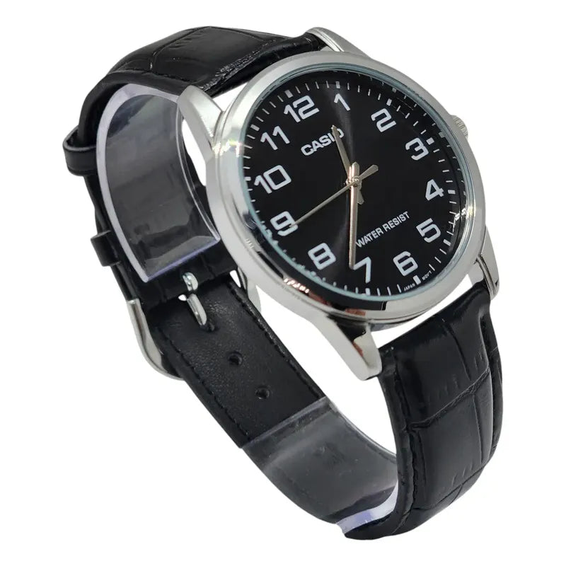 Reloj Pulsera Casio Mtp-v001l-1bu Con Correa De Cuero Color Negro - Bisel Plateado