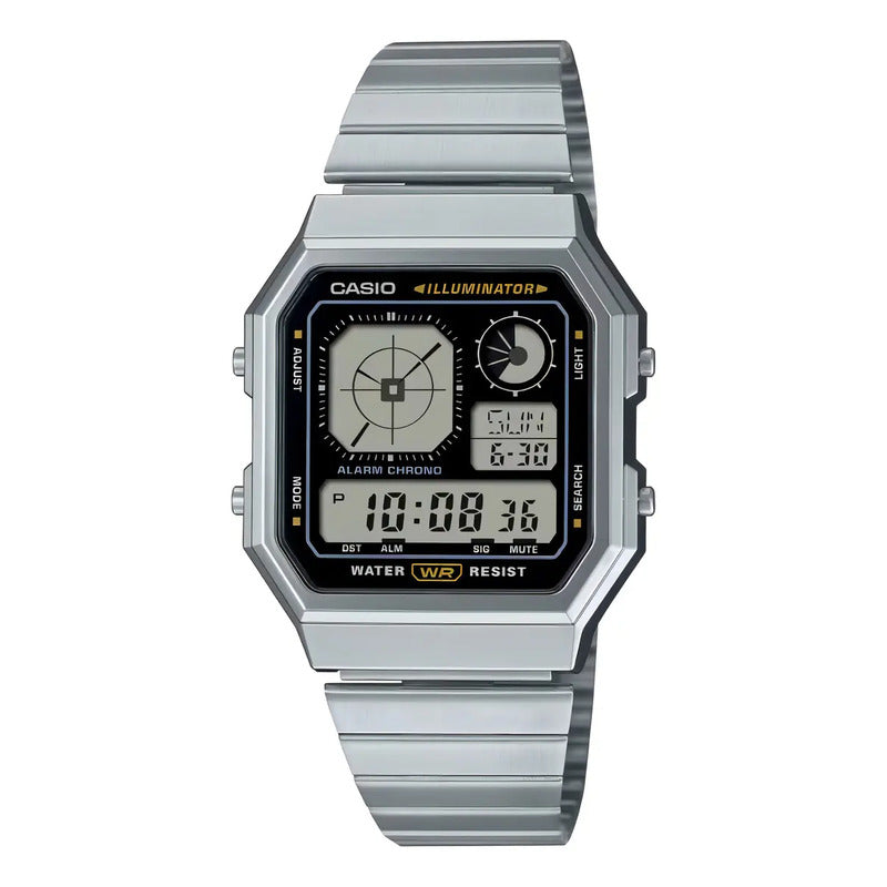 Reloj Pulsera Digital Casio A130we-1a Con Correa De Acero Color Plateado - Fondo Negro