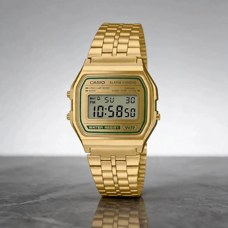 Reloj Casio A158wegv-9a Retro Vintage Classic Digital Dorado Fondo Gris