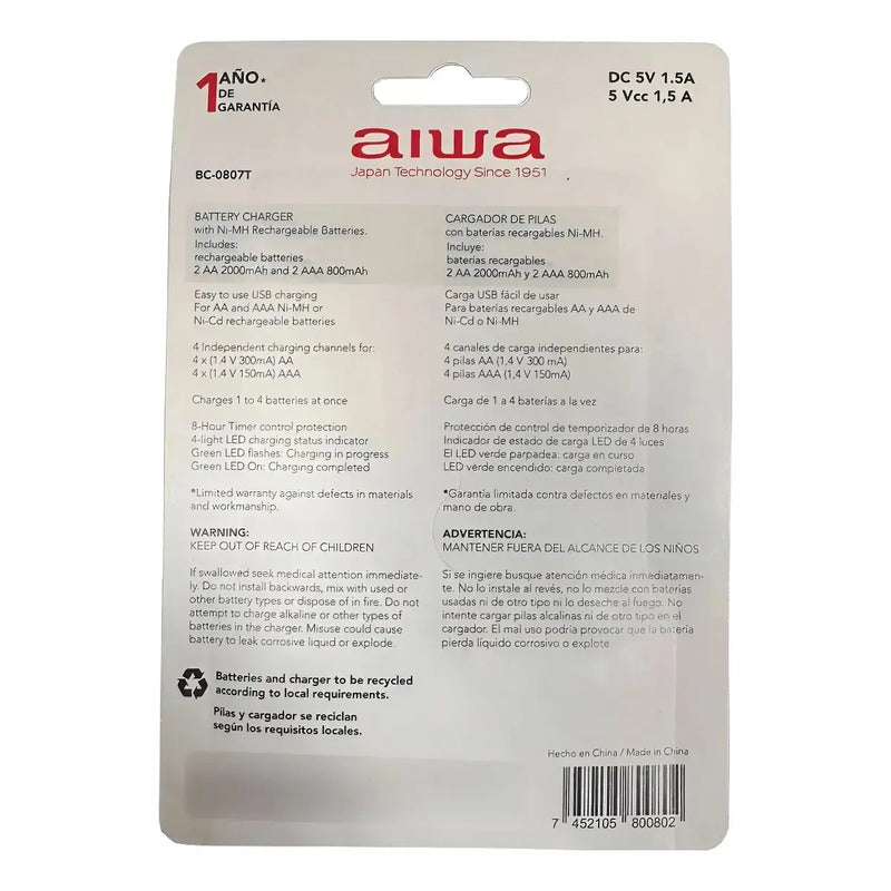 Cargador De Pilas Aiwa Aa Y Aaa + 4 Pilas Bc-0807t Blanco