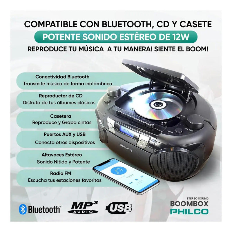 Boombox Cd Bluetooth Y Casete 12w Color Negro