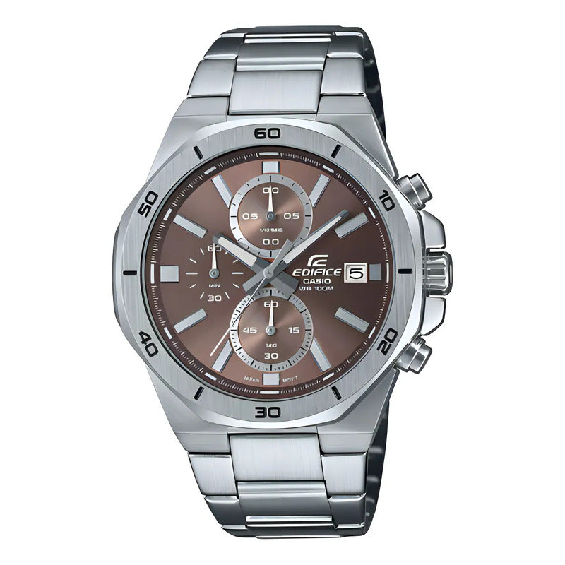 Reloj Hombre Casio Edifice Efv-640d-5a Color De La Malla Plateado Color Del Bisel Plateado Color Del Fondo Marrón