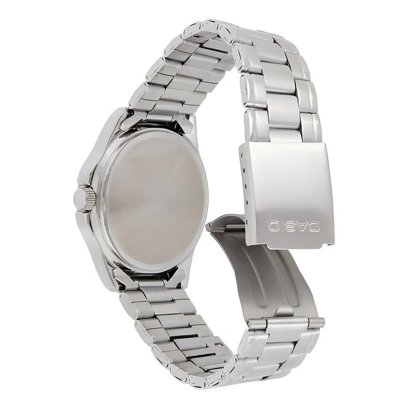 Reloj Pulsera Casio Mtp-1215 Con Correa De Acero Inoxidable Color Plateado - Fondo Azul