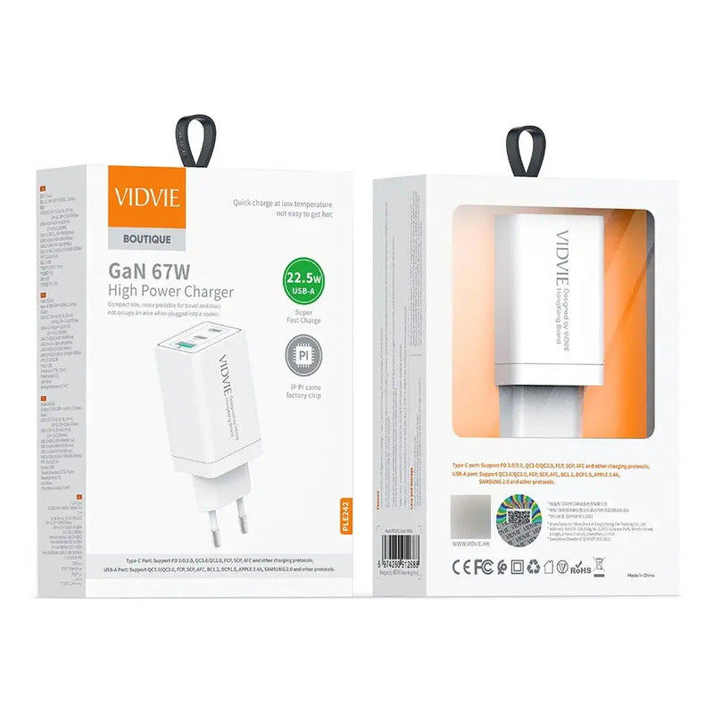 Cargador Vidvie Súper Rápido Usb + 2 Type-c Ple242 Blanco
