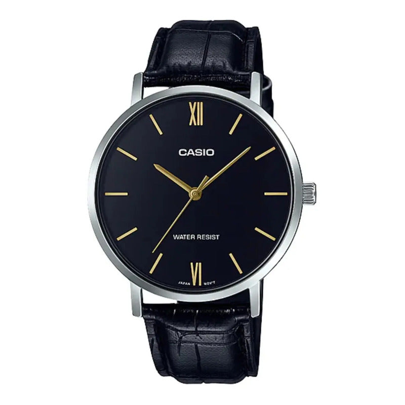 Reloj Pulsera Casio Mtp-vt01l-1b Con Correa De Cuero Color Negro - Bisel Plateado