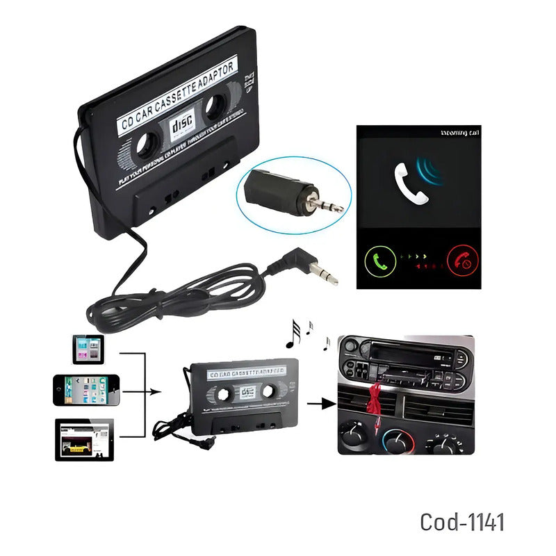 Adaptador Cassette Auto A Celular Mp3 Jack 3.5mm Negro Plug 1m