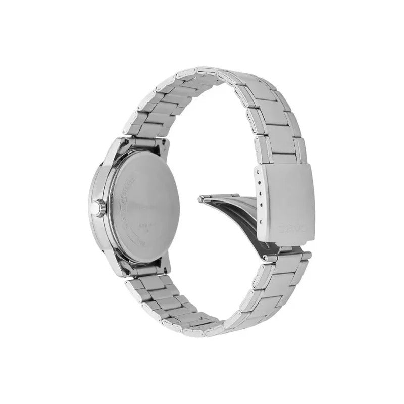 Reloj Pulsera Casio Mtp-v002d Con Correa De Acero Inoxidable Color Plateado - Fondo Azul