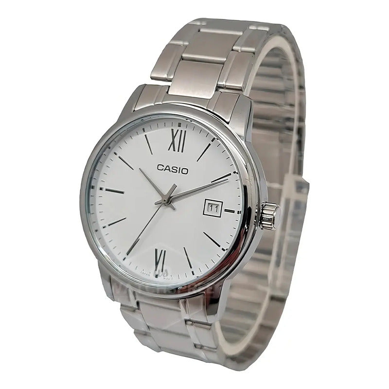 Reloj Pulsera Casio Mtp-v002d-1b3ud Con Correa De Acero Inoxidable Color Gris - Fondo Negro