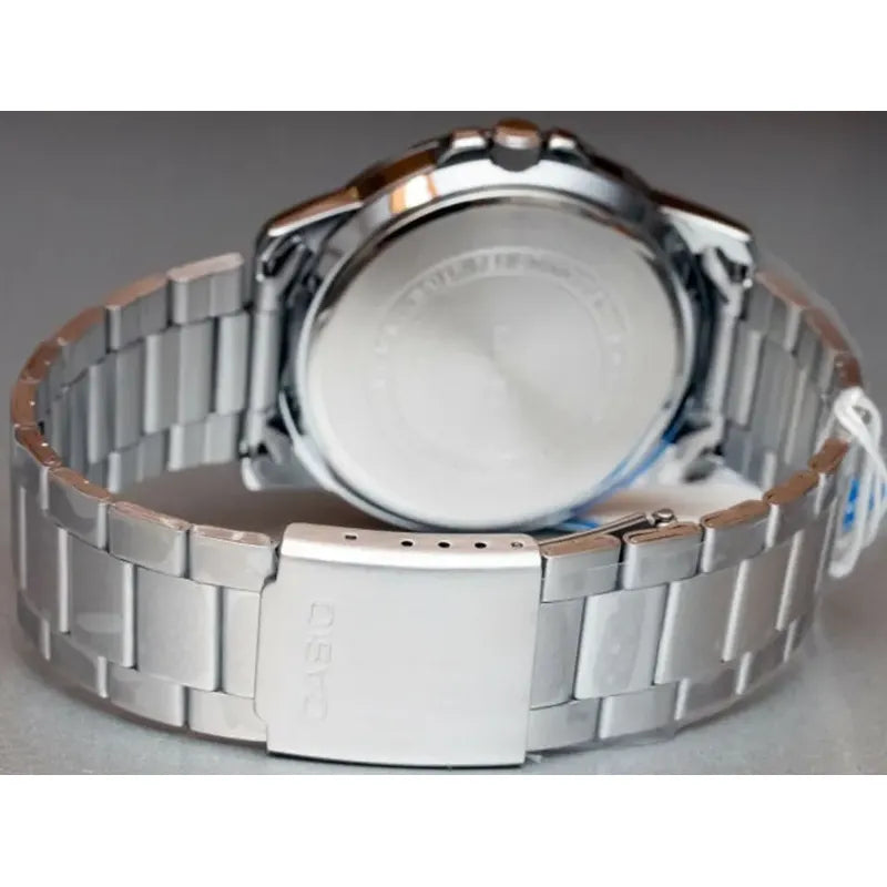 Reloj Casio Mtpvd01 2b Hombre Acero Fechador Correa Plateado Bisel Plateado Fondo Azul Marino Mtp-vd01d-2b