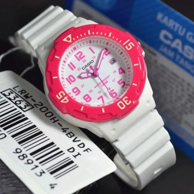 Reloj Casio Analógico Para Mujer Lrw-200h-4bv Blanco Con Detalles Fucsia