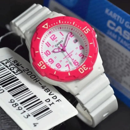 Reloj Casio Analógico Para Mujer Lrw-200h-4bv Blanco Con Detalles Fucsia