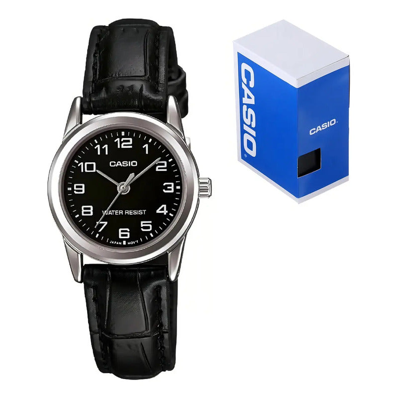 Reloj Casio Dama Ltp-v001l-1b, Caja De Acero,correa De Cuero Negro Plateado Negro Con Números