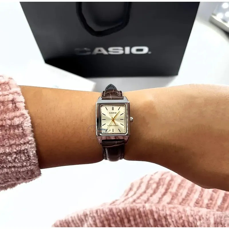 Reloj Casio Tank Ltp-v007l-9e Mujer - Análogo Marrón Oscuro Plateado Blanco