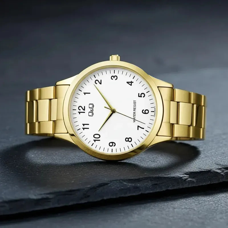 Reloj Q&q Caballero Acero Inoxidable Oro Fondo Blanco Dorado