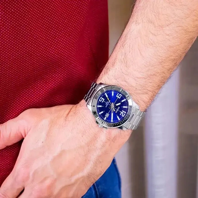 Reloj Casio Mtpvd01 2b Hombre Acero Fechador Correa Plateado Bisel Plateado Fondo Azul Marino Mtp-vd01d-2b