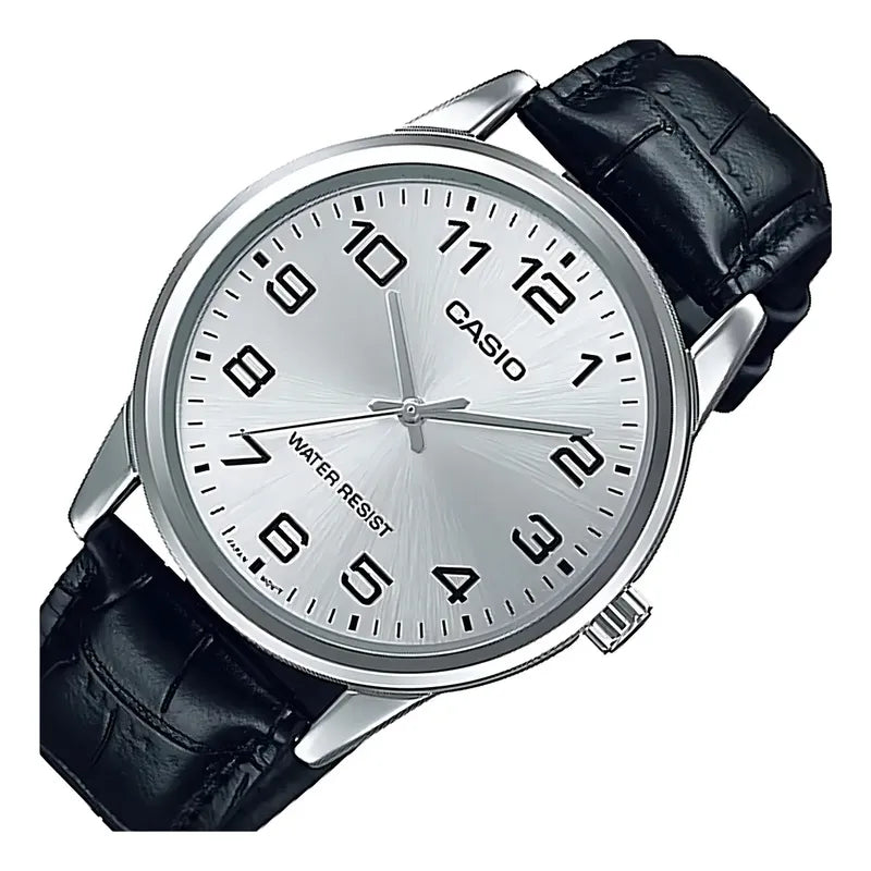 Reloj Pulsera Casio Mtp-v001l-7bu Con Correa De Cuero Color Negro - Fondo Plateado