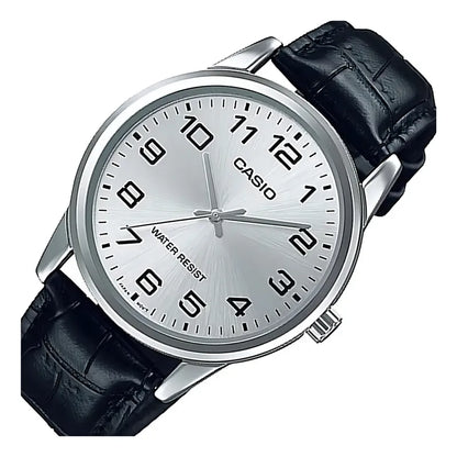 Reloj Pulsera Casio Mtp-v001l-7bu Con Correa De Cuero Color Negro - Fondo Plateado