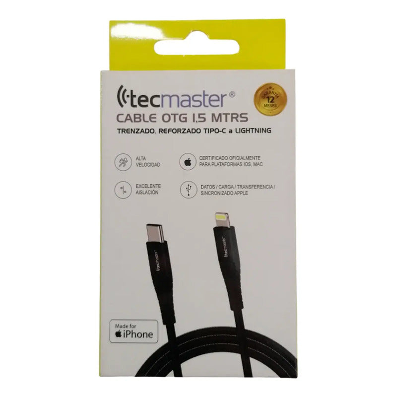 Cable Usb Tipo C A Lightning 1.5m Negro Reforzado Tecmaster
