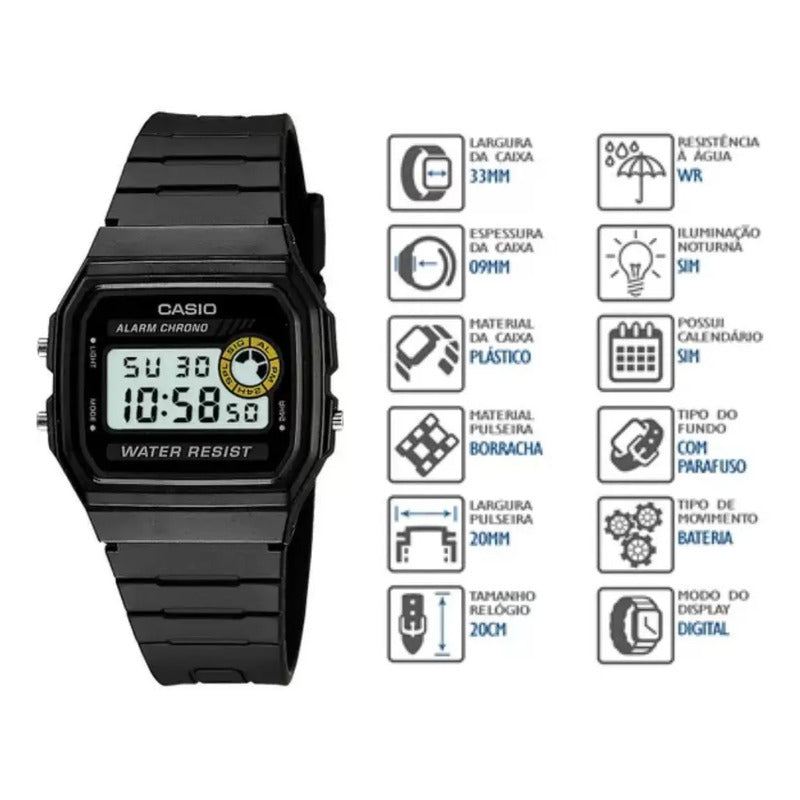 Reloj Casio F-94wa-8d Negro Cuadrado Digital Vintage Preto Celeste