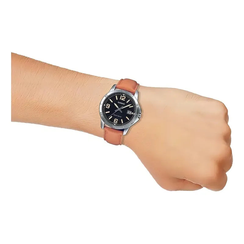 Reloj Pulsera Casio Mtp-v004l-1b2 Con Correa De Cuero Color Marrón - Fondo Negro - Bisel Plata
