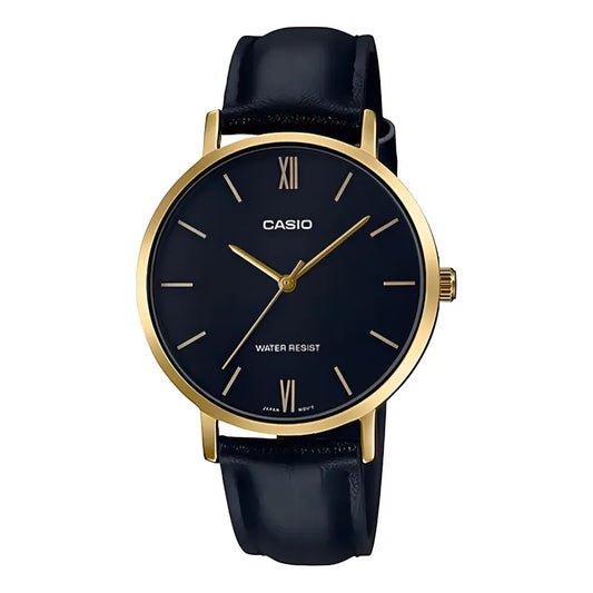 Reloj De Pulsera Casio Dress Ltp-vt01 De Cuerpo Color Dorado, Analógico, Para Mujer, Fondo Negro, Con Correa De Cuero Color Negro, Agujas Color Dorado, Dial Dorado, Bisel Color Dorado Y Hebilla Simple
