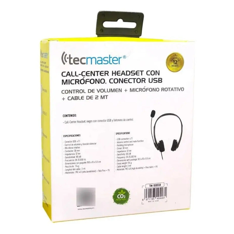 Auriculares Call-center Micrófono Usb Tm100559 Tecmaster Negro