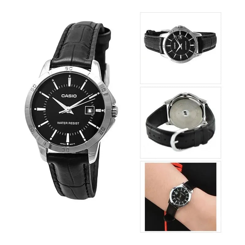 Reloj Pulsera Casio Mtp-v004l-1a Con Correa De Cuero Color Negro - Bisel Plata Plateado