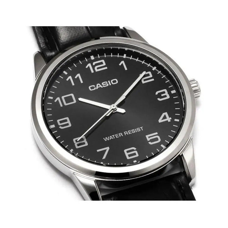 Reloj Pulsera Casio Mtp-v001l-1bu Con Correa De Cuero Color Negro - Bisel Plateado