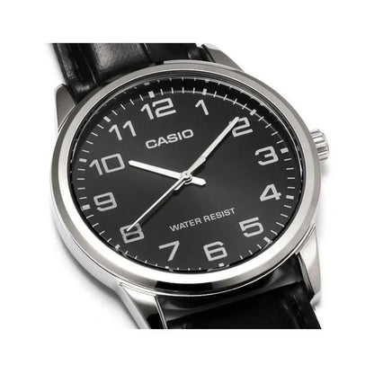 Reloj Pulsera Casio Mtp-v001l-1bu Con Correa De Cuero Color Negro - Bisel Plateado