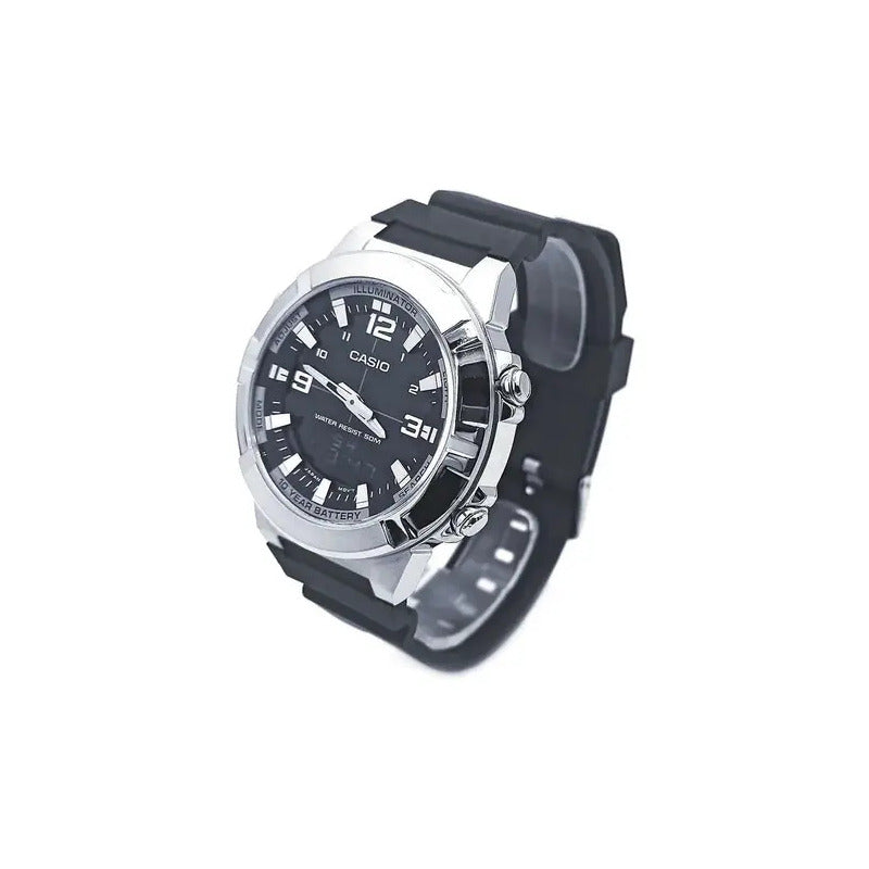 Reloj Casio Hombre Amw-870-1av Con Correa Negra Y Bisel Plateado Negro