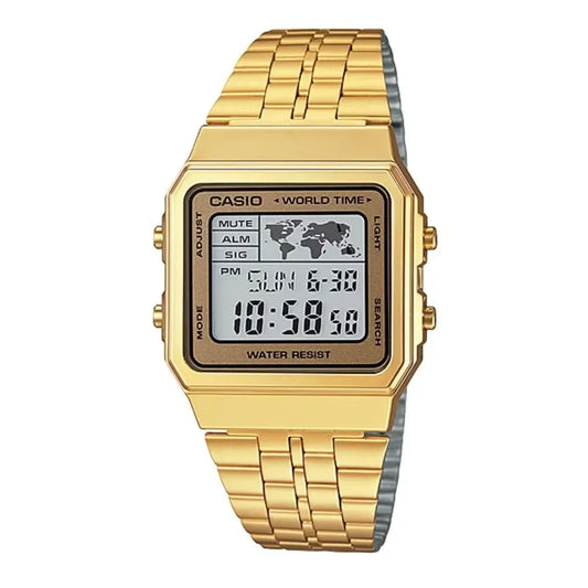 Reloj Pulsera Digital Casio A500wga-9df Vintage Con Correa De Acero Inoxidable Color Dorado - Fondo Blanco