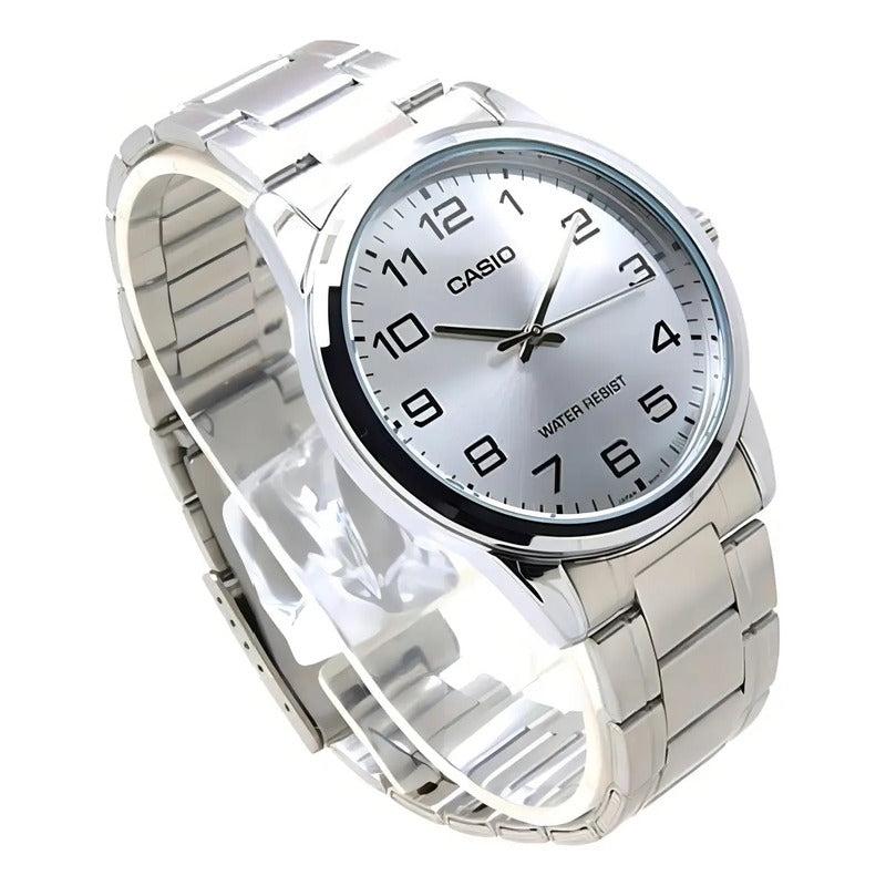 Reloj Pulsera Casio Mtp-v001d-1budf Con Correa De Acero Inoxidable Color Plateado - Fondo Negro