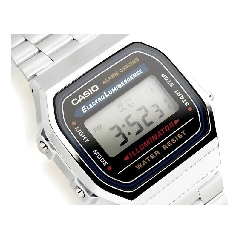 Reloj Pulsera Digital Casio A168wa-1 Con Correa De Acero Inoxidable Color Plateado - Fondo Gris/negro/azul