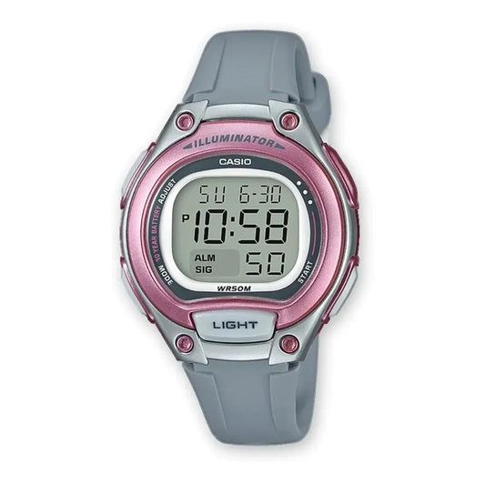 Reloj Casio Sumergible Digital Lw-203 Malla Gris Bisel Azul Fondo Negro