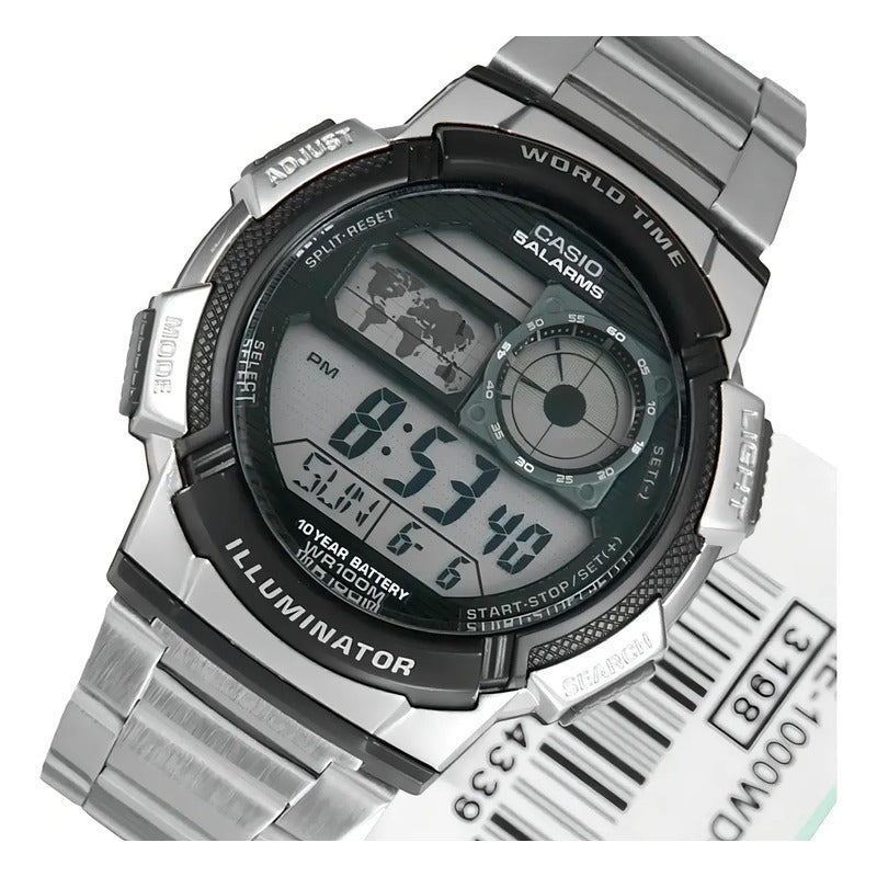 Reloj Pulsera Digital Casio Ae-1000wd-1avdf Con Correa De Acero Inoxidable Color Plateado - Fondo Negro