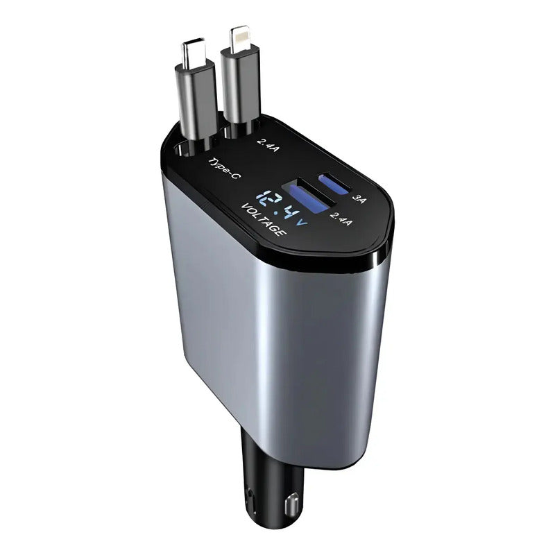 Cargador Para Automóvil Carga Rápida Cables Retráctiles Negro