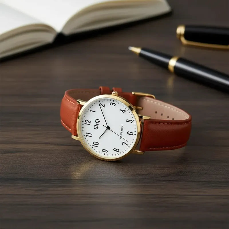 Reloj Q&q Hombre Numeros Grandes C43a-003py Marrón Dorado Blanco