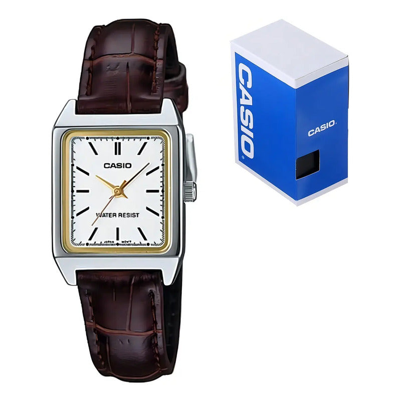 Reloj Casio Dama Modelo Ltp-v007l-7e2 Piel Café Carátula Blanca Plateado Blanco